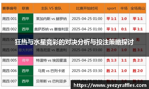 狂热与水星竞彩的对决分析与投注策略探讨